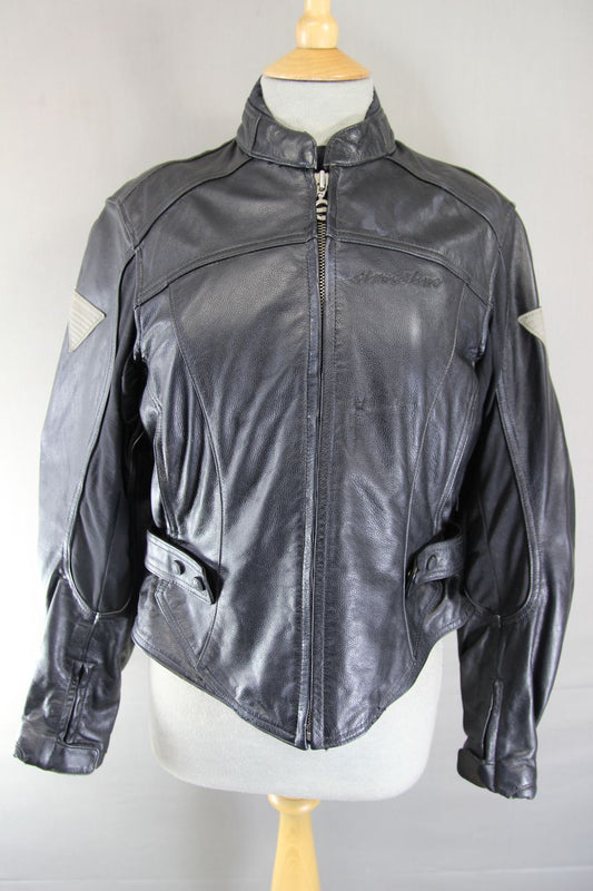 HEIN GERICKE STREETLINE BLACK LEATHER BIKER JACKET WITH CE ARMOUR: SIZE 14