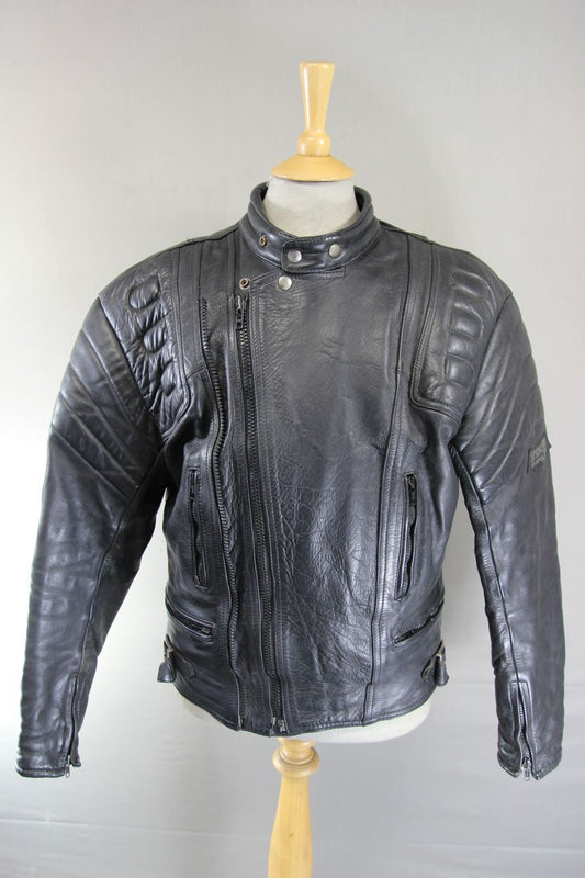 CLASSIC SPORTEX APOLLO BLACK LEATHER BIKER JACKET WITH BACK PROTECTOR 42-44 INCH