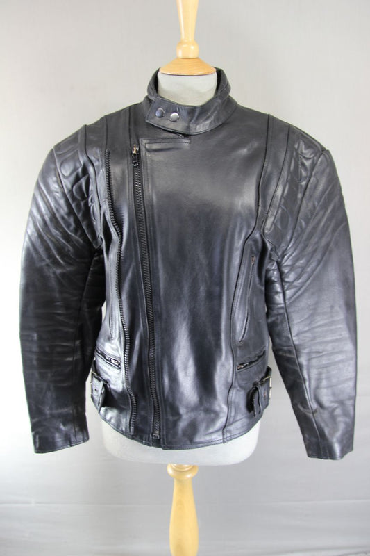 CLASSIC BLACK LEATHER BIKER JACKET WITH BACK, SHOULDER & ELBOW CE ARMOUR 38 INCH