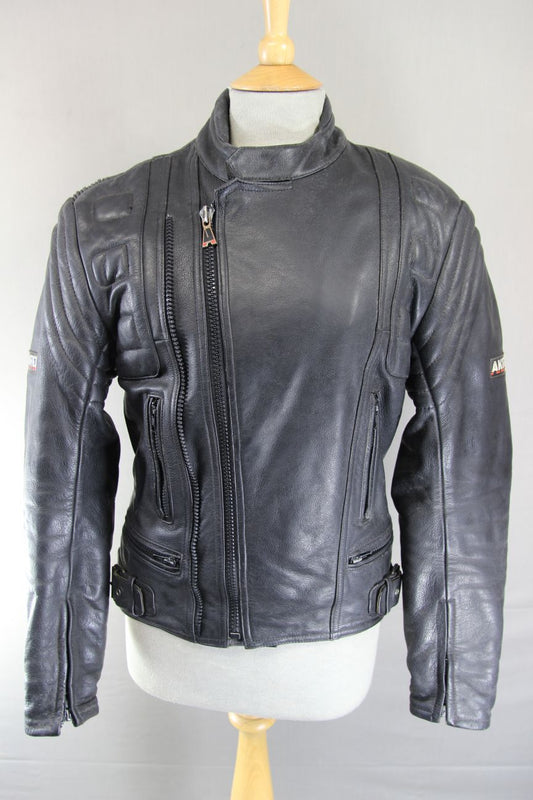 AKITO BLACK LEATHER BIKER JACKET WITH SHOULDER & ELBOW BODYGUARD CE ARMOUR 36 IN