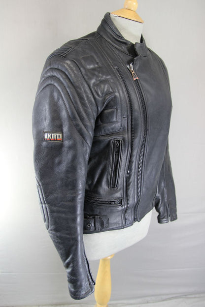 AKITO BLACK LEATHER BIKER JACKET WITH SHOULDER & ELBOW BODYGUARD CE ARMOUR 36 IN
