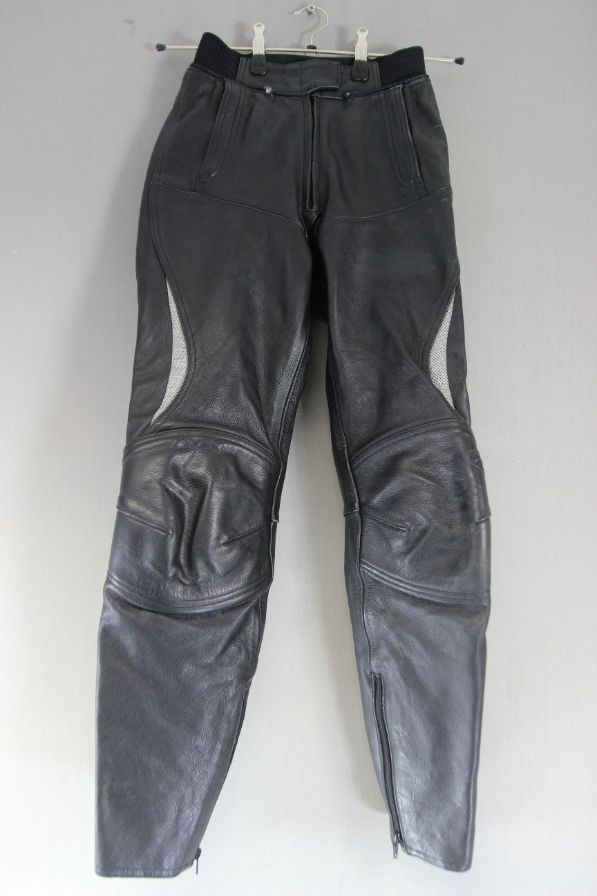 HEIN GERICKE BLACK LEATHER BIKER TROUSERS + CE ARMOUR SIZE 6 WAIST 24IN/LEG 30IN