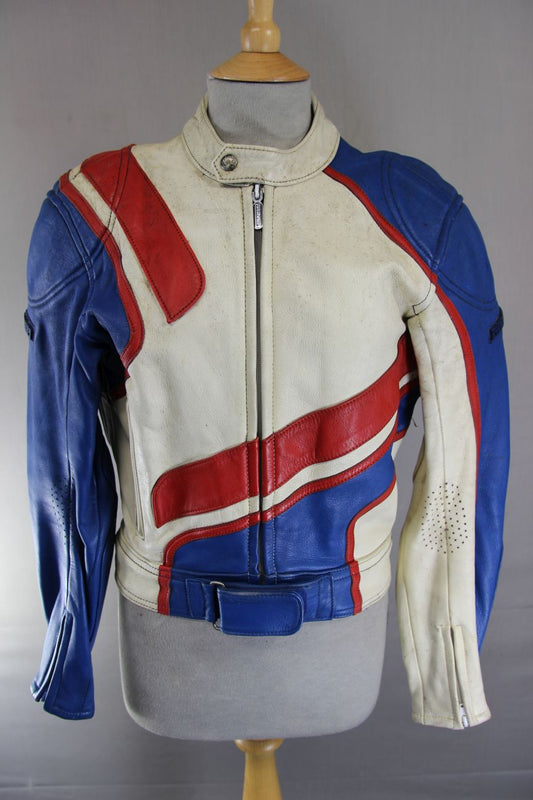 VINTAGE FIELDSHEER BRITISH DESIGNED CREAM, BLUE & RED LEATHER BIKER JCKT 36-38IN