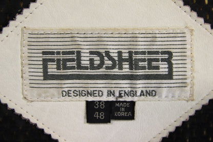 VINTAGE FIELDSHEER BRITISH DESIGNED CREAM, BLUE & RED LEATHER BIKER JCKT 36-38IN