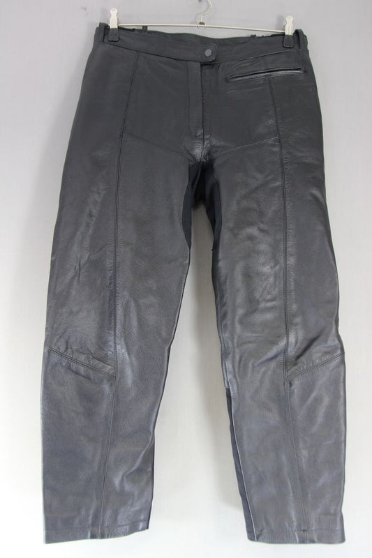 LEWIS 'LADY' BLACK LEATHER BIKER TROUSERS: SIZE 14 WAIST 34 IN/INSIDE LEG 27 IN