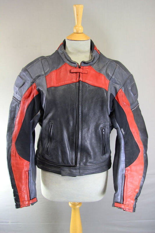 FRANK THOMAS BLACK, SILVER & RED LEATHER BIKER JACKET WITH BACK PROTECTOR 40 IN