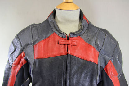 FRANK THOMAS BLACK, SILVER & RED LEATHER BIKER JACKET WITH BACK PROTECTOR 40 IN