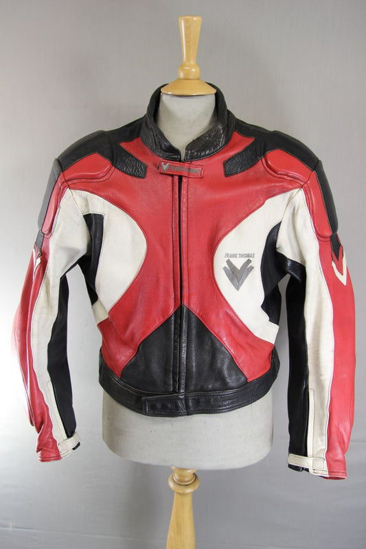 FRANK THOMAS RED, BLACK & WHITE LEATHER BIKER JACKET WITH PROTECTORS 44-46 INCH