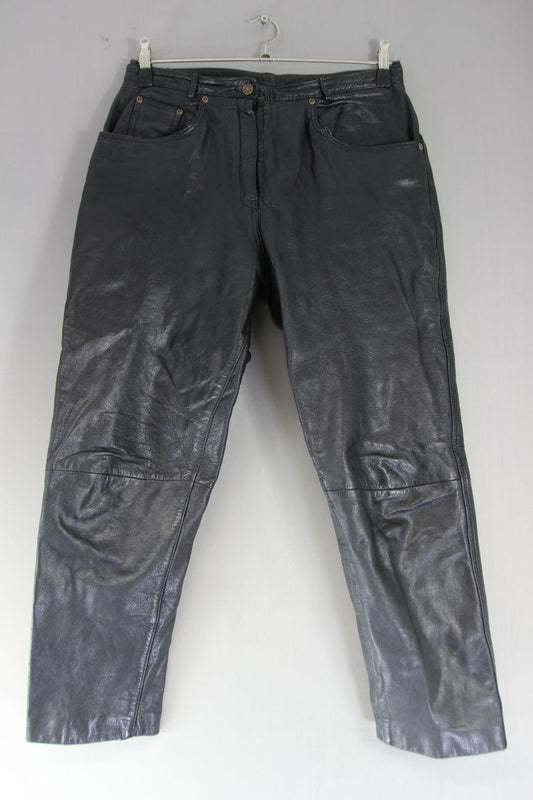 MODERN CLASSICS BLACK LEATHER BIKER JEANS SIZE 16: WAIST 32 IN/INSIDE LEG 26 IN