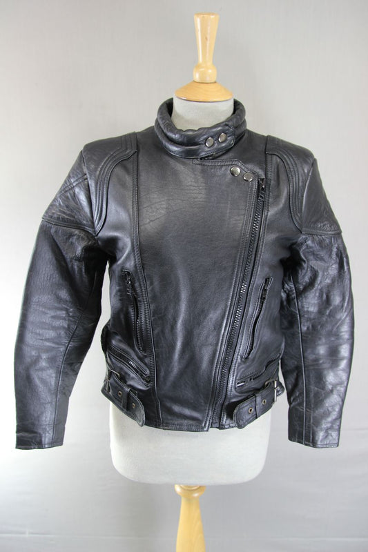 LADIES CLASSIC JTS BLACK LEATHER BIKER JACKET 32-34 INCH CHEST/EXTRA SMALL