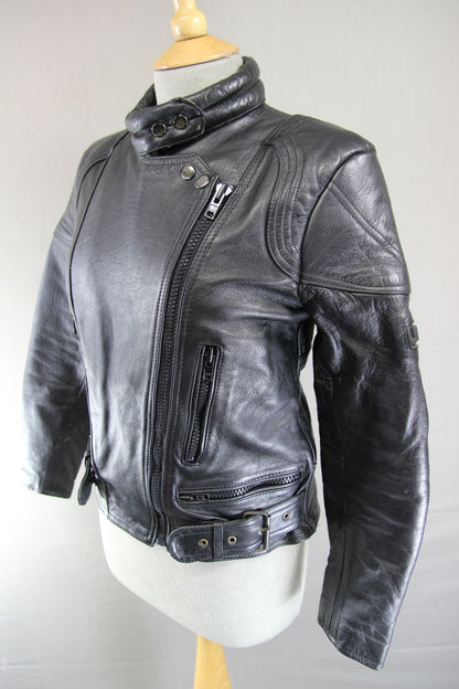 LADIES CLASSIC JTS BLACK LEATHER BIKER JACKET 32-34 INCH CHEST/EXTRA SMALL