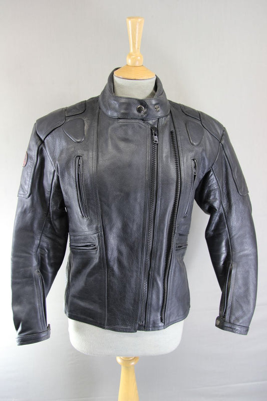 DYNAMIC LEATHER BLACK COWHIDE BIKER JACKET + SHOULDER & ELBOW CE ARMOUR: SIZE 14