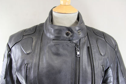 DYNAMIC LEATHER BLACK COWHIDE BIKER JACKET + SHOULDER & ELBOW CE ARMOUR: SIZE 14