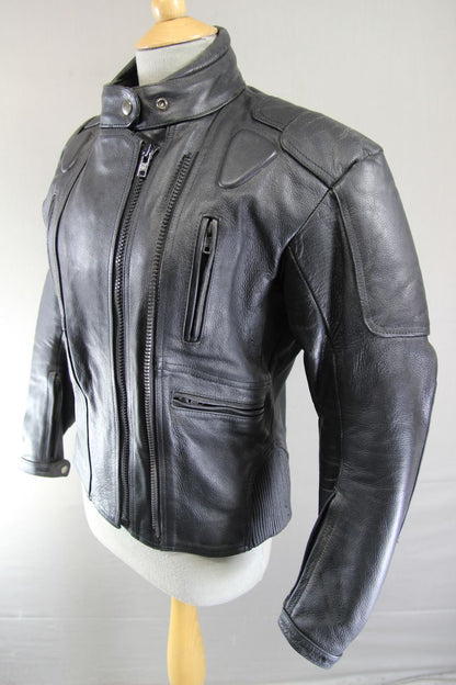 DYNAMIC LEATHER BLACK COWHIDE BIKER JACKET + SHOULDER & ELBOW CE ARMOUR: SIZE 14