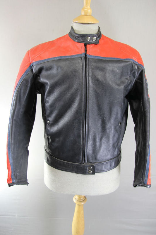VINTAGE BLACK, RED & BLUE LEATHER BIKER JACKET 38-40 INCH CHEST/MEDIUM