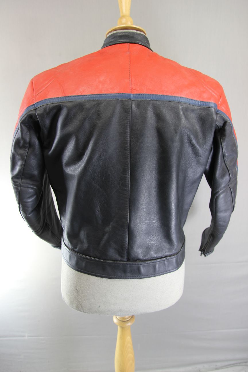 VINTAGE BLACK, RED & BLUE LEATHER BIKER JACKET 38-40 INCH CHEST/MEDIUM