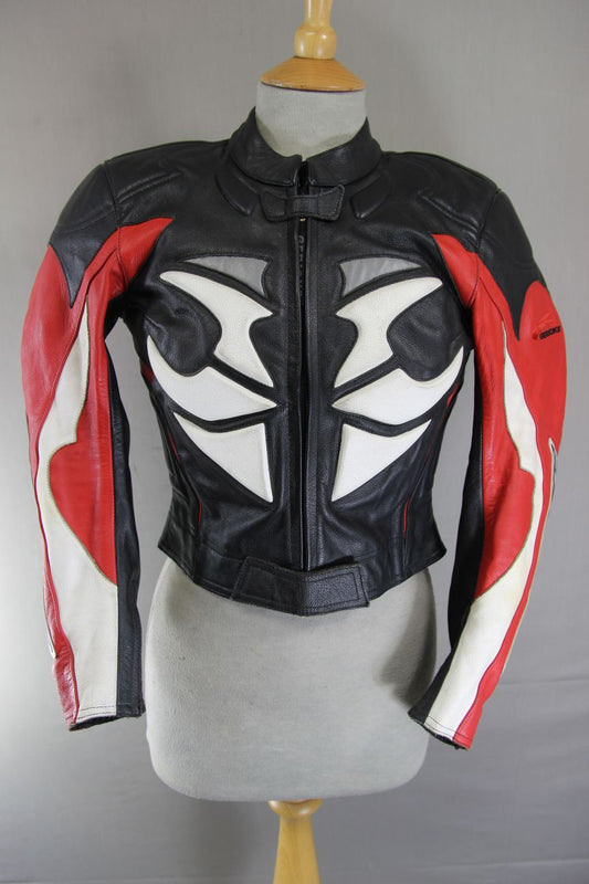HEIN GERICKE RACETEC BLACK, RED & WHITE LEATHER BIKER JACKET + CE ARMOUR: SIZE 6