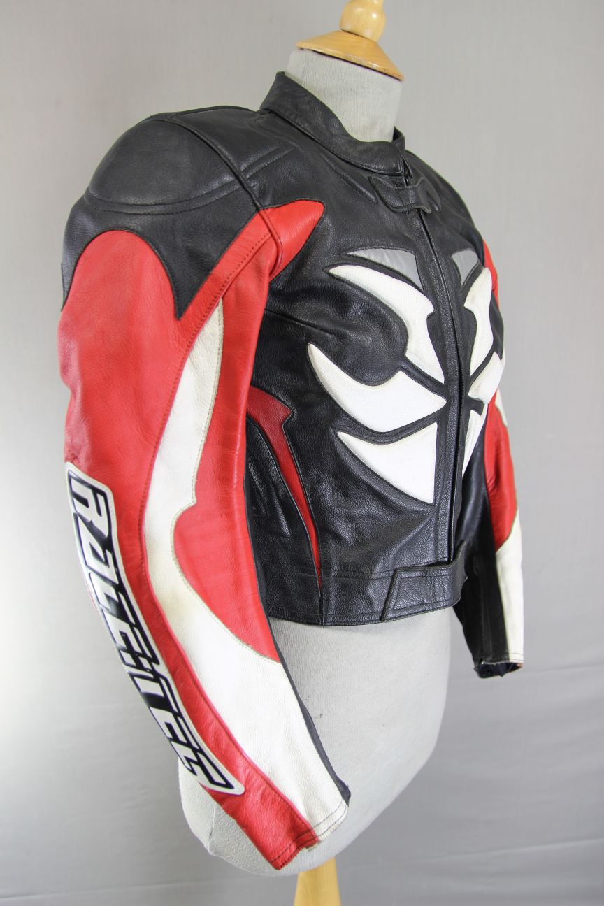 HEIN GERICKE RACETEC BLACK, RED & WHITE LEATHER BIKER JACKET + CE ARMOUR: SIZE 6