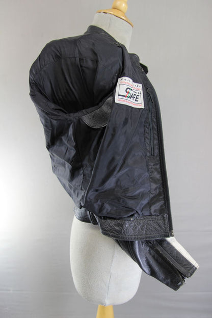 HEIN GERICKE RACETEC BLACK, RED & WHITE LEATHER BIKER JACKET + CE ARMOUR: SIZE 6