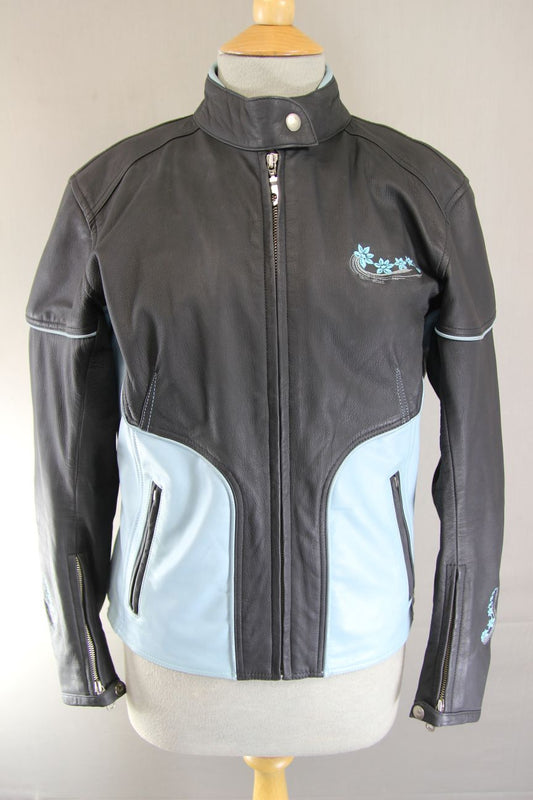 LOOKWELL LADY LINE BLACK & TURQUOISE LEATHER BIKER JACKET: SIZE 10/SMALL