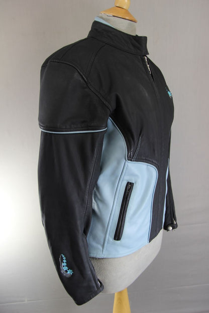 LOOKWELL LADY LINE BLACK & TURQUOISE LEATHER BIKER JACKET: SIZE 10/SMALL