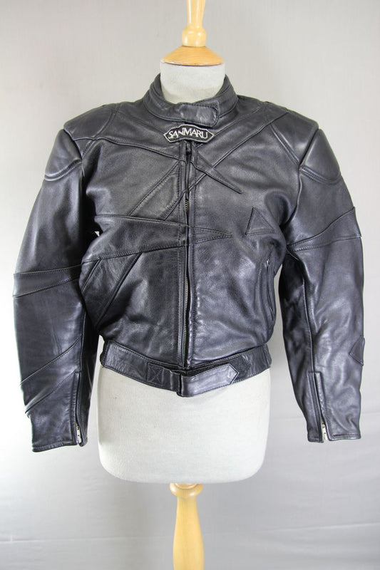 SANMARU LADIES CLASSIC BLACK LEATHER BIKER JACKET: SIZE 12/36 INCH CHEST