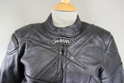 SANMARU LADIES CLASSIC BLACK LEATHER BIKER JACKET: SIZE 12/36 INCH CHEST