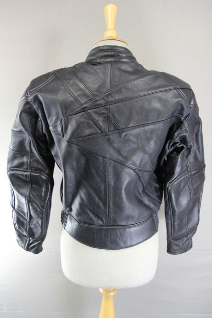 SANMARU LADIES CLASSIC BLACK LEATHER BIKER JACKET: SIZE 12/36 INCH CHEST