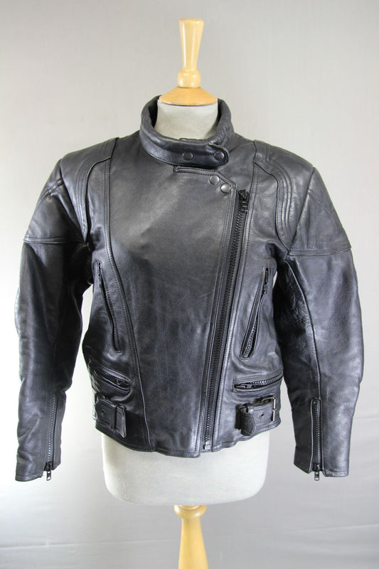 LADIES CLASSIC JTS BLACK LEATHER BIKER JACKET: SIZE 10/32-34 INCH/EXTRA SMALL