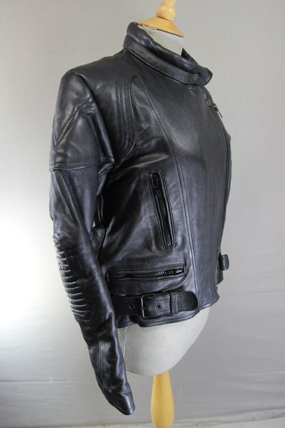 LADIES CLASSIC JTS BLACK LEATHER BIKER JACKET: SIZE 10/32-34 INCH/EXTRA SMALL