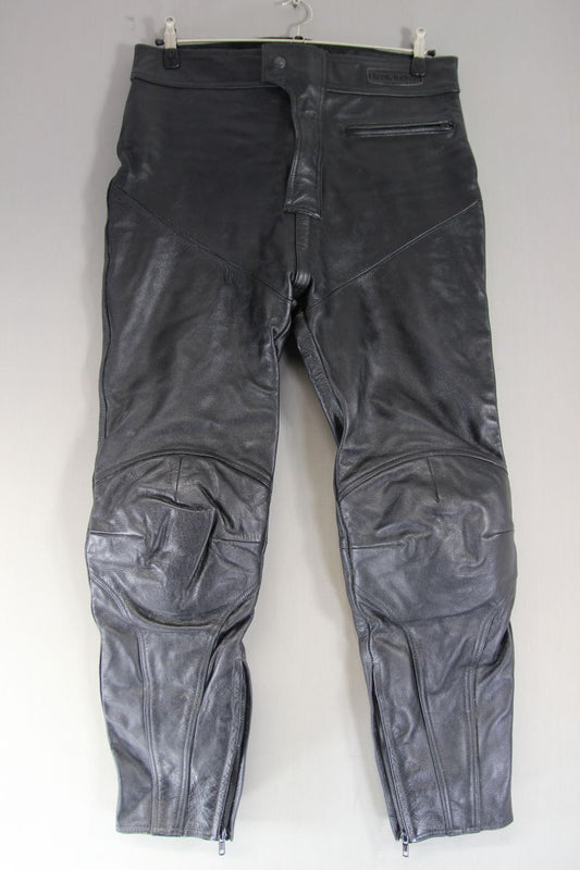FRANK THOMAS BLACK LEATHER BIKER TROUSERS + CE KNEE ARMOUR: WAIST 34-36"/LEG 29"