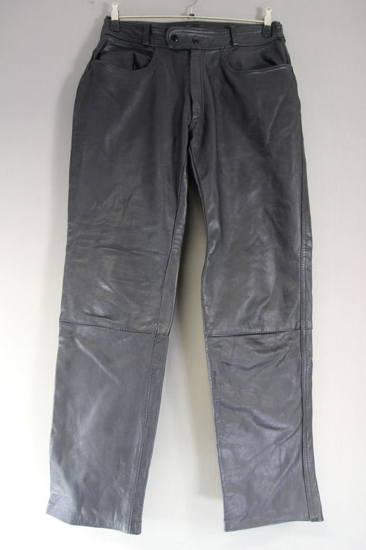 RHINO CLASSIC BLACK LEATHER BIKER JEANS: WAIST 32 INCHES/INSIDE LEG 34 INCHES