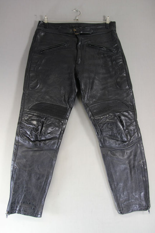 SKIN BLACK COWHIDE LEATHER BIKER TROUSERS: WAIST 34 INCH/INSIDE LEG 31 INCH