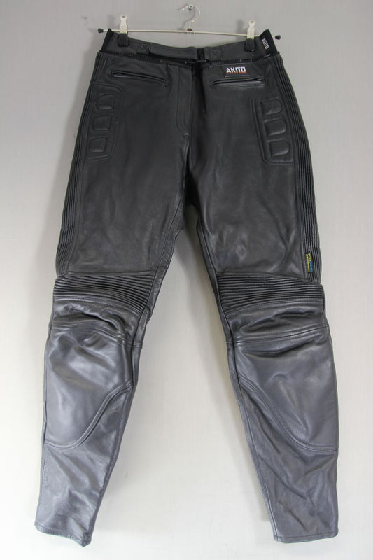 AKITO BLACK LEATHER BIKER TROUSERS + KNEE CE ARMOUR: SIZE 16 WAIST 28IN/LEG 30IN