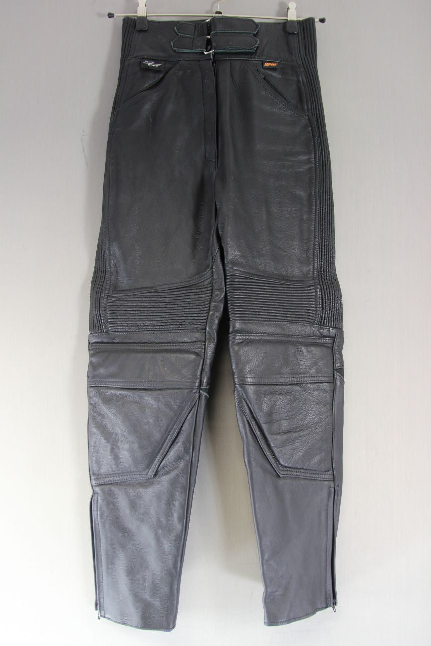 BRITISH MADE GEAR BLACK LEATHER BIKER TROUSERS SIZE 10: WAIST 28"/INSIDE LEG 28"