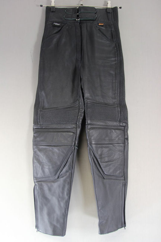 BRITISH MADE GEAR BLACK LEATHER BIKER TROUSERS SIZE 10: WAIST 28"/INSIDE LEG 28"