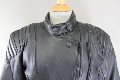 FXT BLACK LEATHER BIKER JACKET WITH REMOVABLE BACK & ELBOW PROTECTORS 38-40 INCH