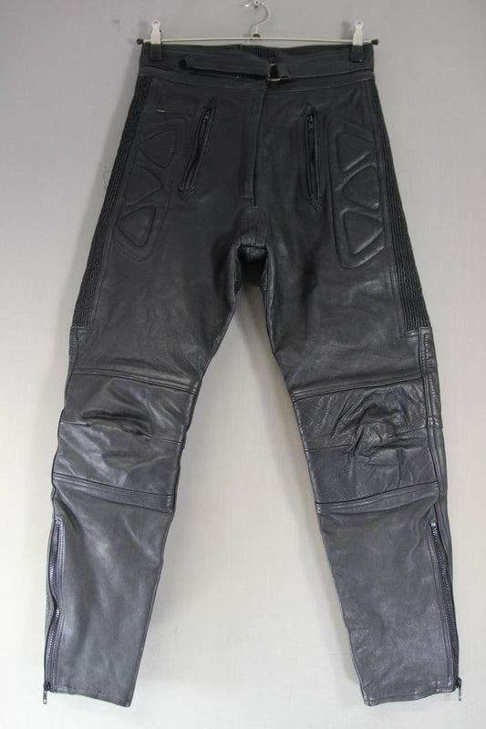 AKITO BLACK LEATHER BIKER TROUSERS SIZE 12: WAIST 30 INCHES/INSIDE LEG 28 INCHES