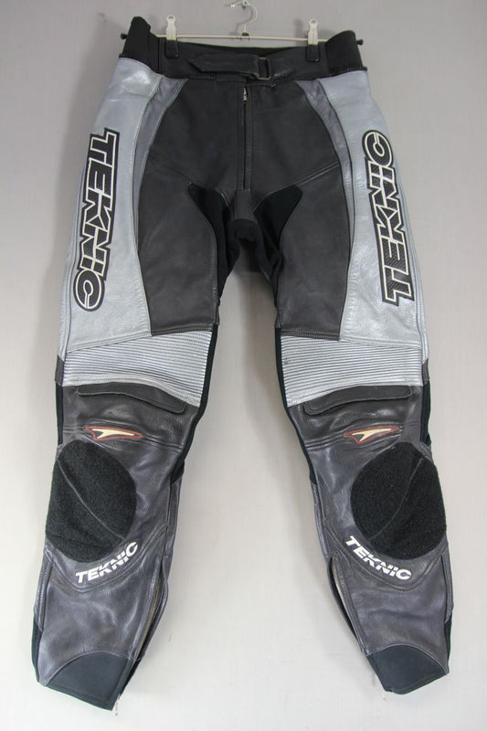 TEKNIC BLACK & SILVER LEATHER BIKER TROUSERS + ARMOUR SIZE 12: WAIST 32"/LEG 31"
