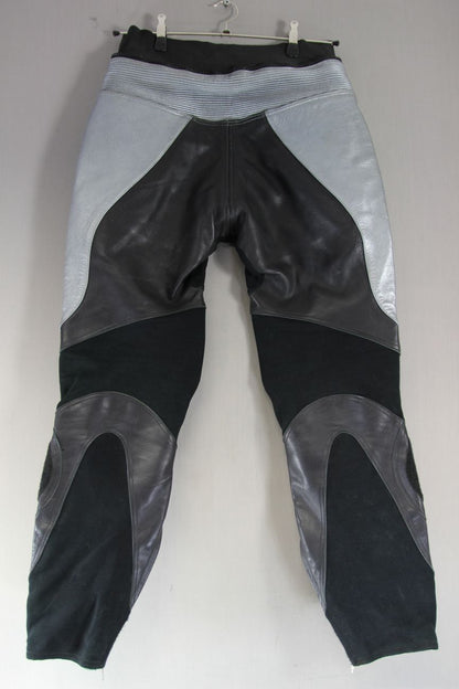 TEKNIC BLACK & SILVER LEATHER BIKER TROUSERS + ARMOUR SIZE 12: WAIST 32"/LEG 31"