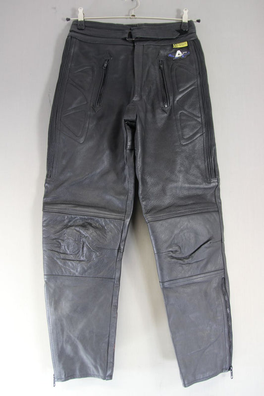 AKITO BLACK LEATHER BIKER TROUSERS: WAIST 28-30 INCHES/INSIDE LEG 27 INCHES