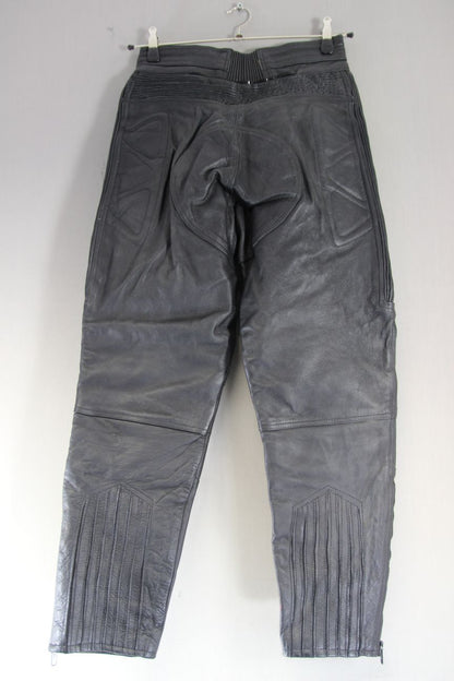 AKITO BLACK LEATHER BIKER TROUSERS: WAIST 28-30 INCHES/INSIDE LEG 27 INCHES