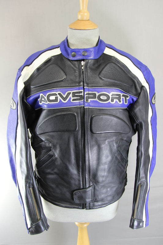 AGVSPORT BLACK, BLUE & WHITE LEATHER BIKER JACKET WITH THERMAL LINING 40 INCH
