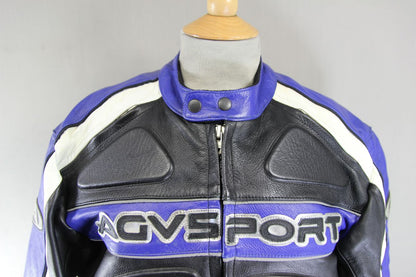 AGVSPORT BLACK, BLUE & WHITE LEATHER BIKER JACKET WITH THERMAL LINING 40 INCH
