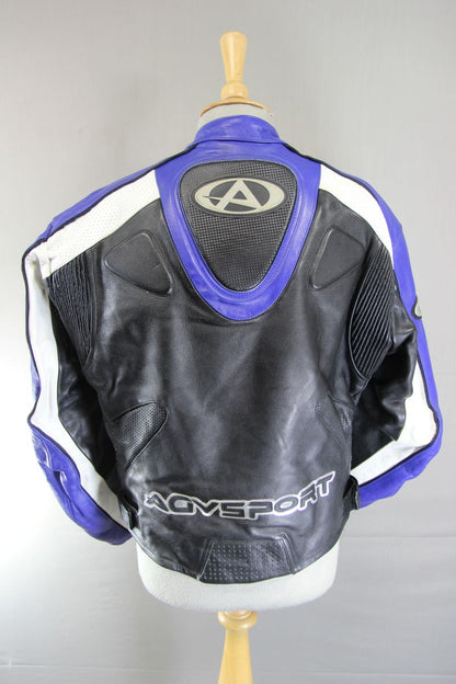 AGVSPORT BLACK, BLUE & WHITE LEATHER BIKER JACKET WITH THERMAL LINING 40 INCH
