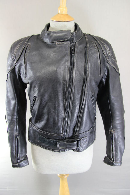 ASHMAN BLACK COWHIDE LEATHER BIKER JACKET + CE ARMOUR & THERMAL LINING: SIZE 12