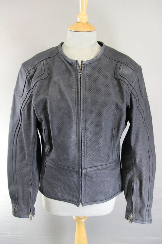 FRANK THOMAS LADY RIDER BLACK LEATHER BIKER JCKT + ARMOUR/THERMAL LINING SIZE 14
