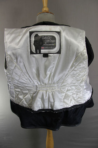 FRANK THOMAS LADY RIDER BLACK LEATHER BIKER JCKT + ARMOUR/THERMAL LINING SIZE 14
