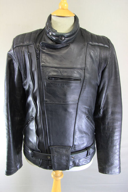 VINTAGE MOTORRAD CLASSIC BLACK LEATHER BIKER JACKET 36-38 INCH