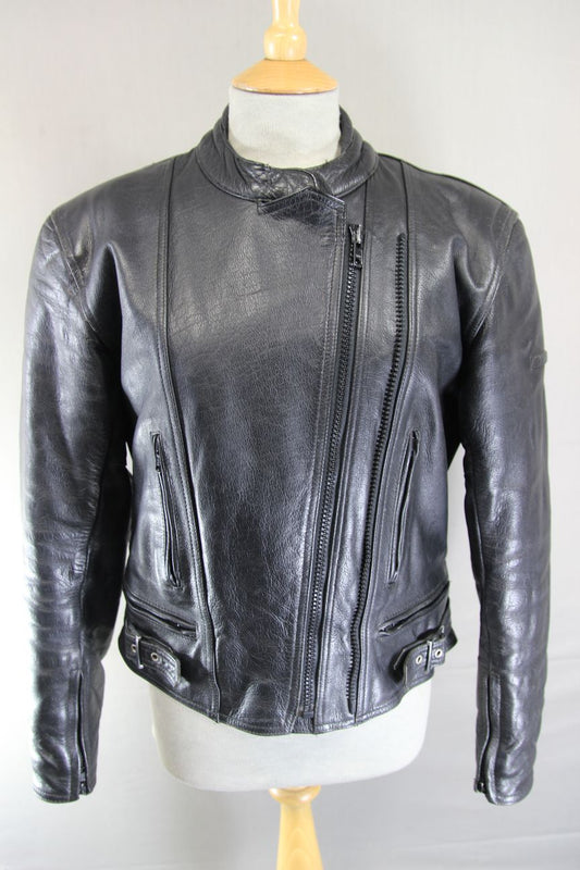 FRANK THOMAS CLASSIC BLACK LEATHER BIKER JACKET WITH BACK PROTECTOR: SIZE 14